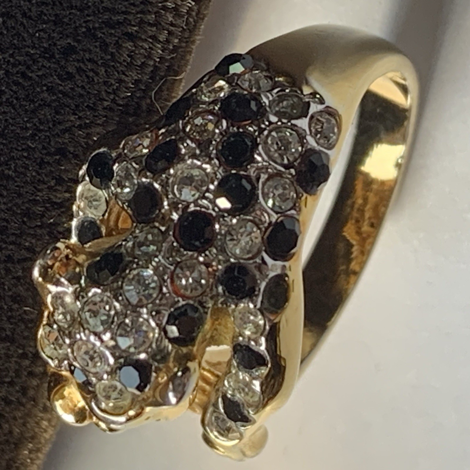 Leopard Jaguar Cat Cocktail Wrap Ring size 5 Gold Tone w rhinestones *READ