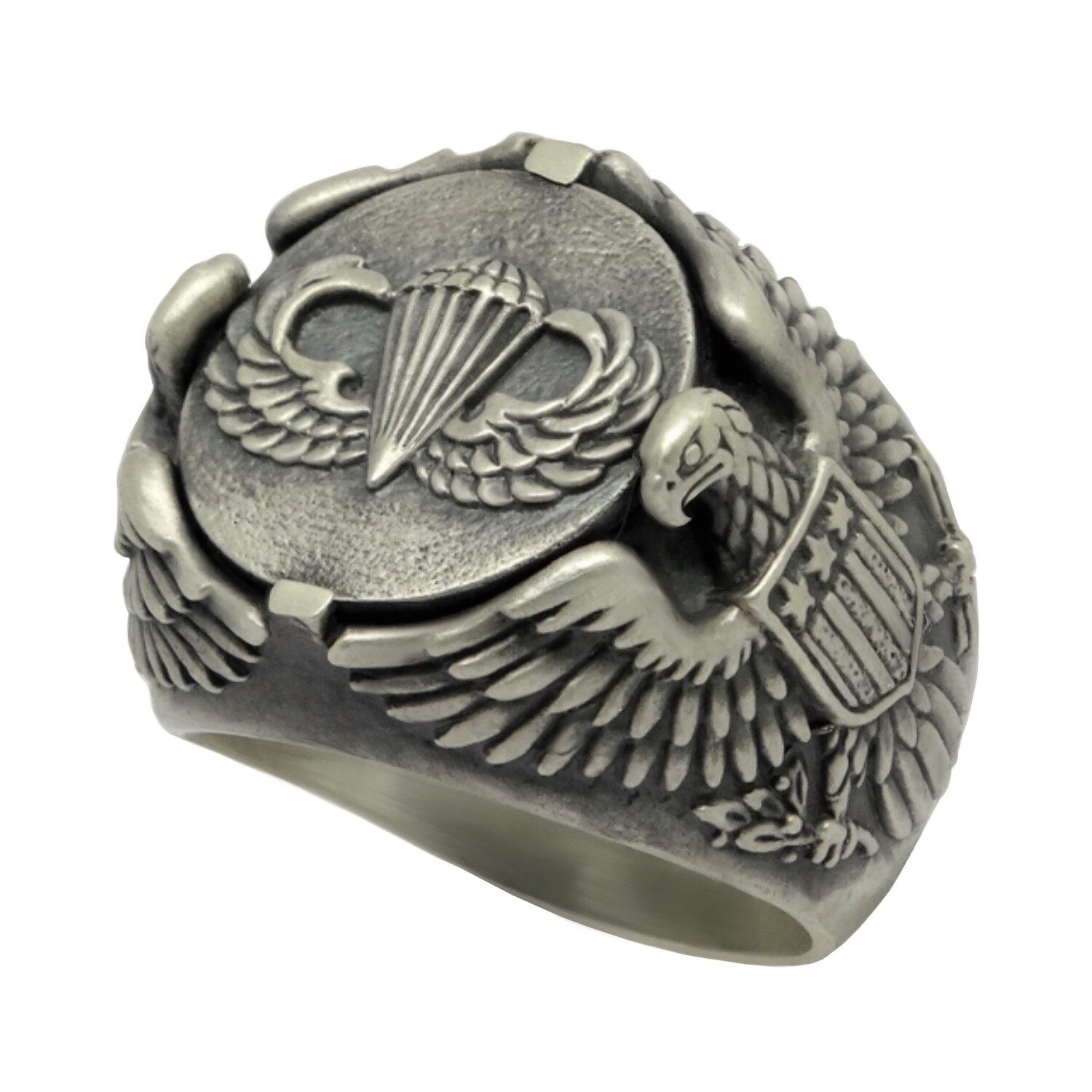 Airborne Army Parachutist American Eagle Sterling Silver Biker Men’s Ring