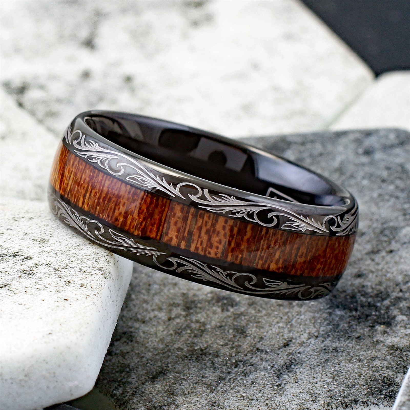 Men’s Tungsten Ring 8mm Black w/ Wood Grain Leaf Edge Wedding Band