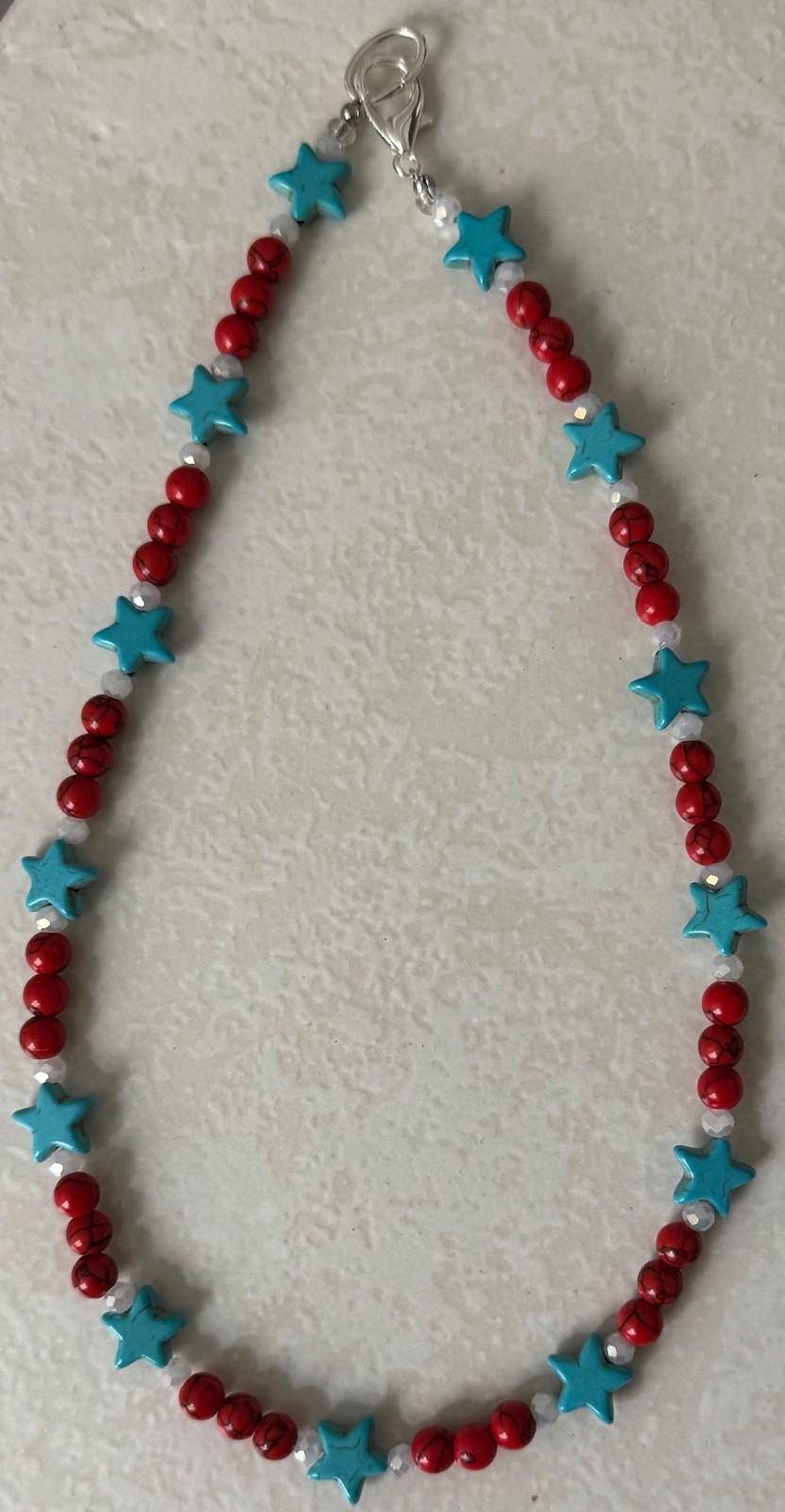 Handmade turquoise star, red stone and white glass beaded necklace