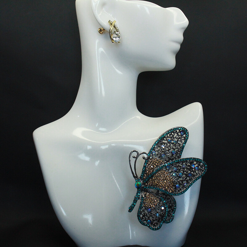 Vintage Large Size Blue Butterfly Zircon Alloy Corsage Brooch Collar Pin