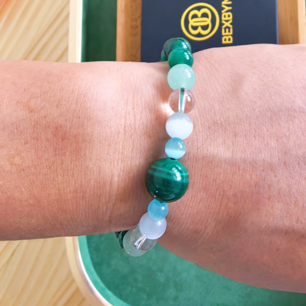 Custom Engraved Bracelet Malachite Green Agate Clear Quartz Beaded Name Jewelry