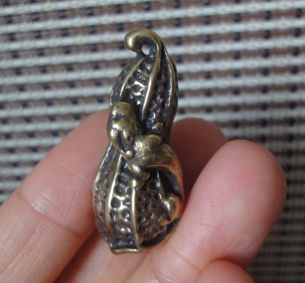 Vintage Style Pure Brass Small Peanut with Animal Statue Pendant
