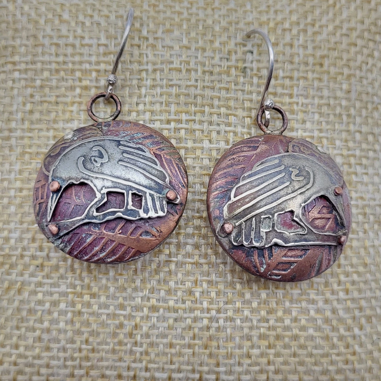 incredible Artisan Raven crow mixed metals earrings Sterling silver Ornate bird
