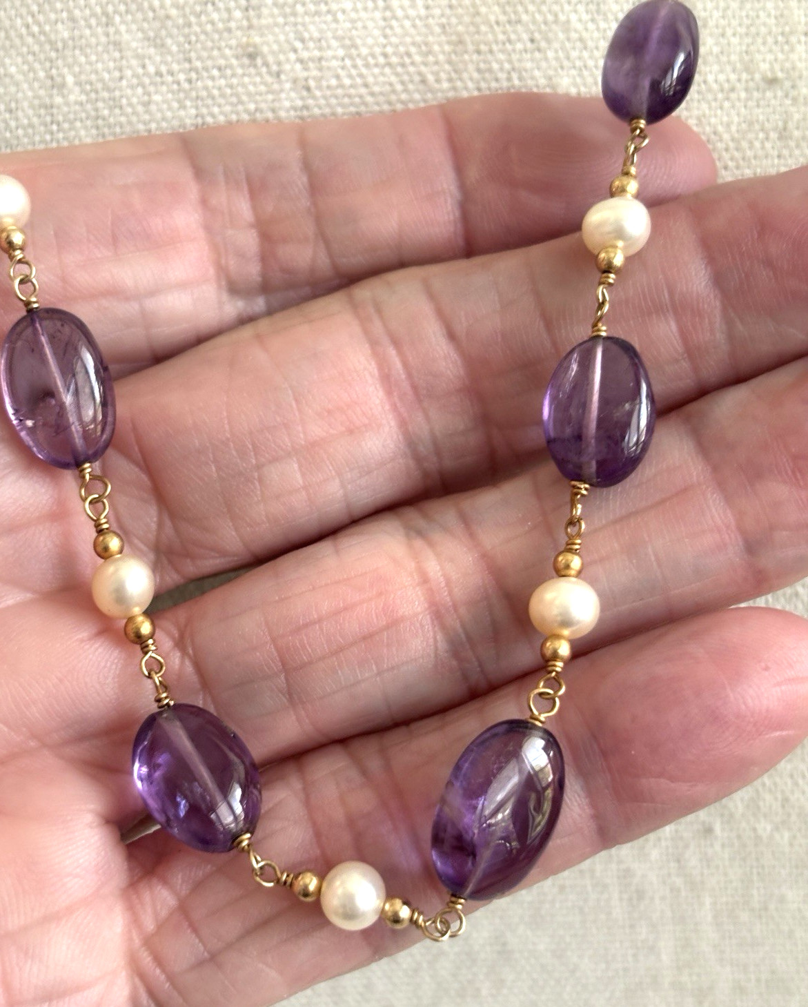 Polished Amethyst And Freshwater Pearl Beaded Necklace 14/20k Gold Filled Clasp
