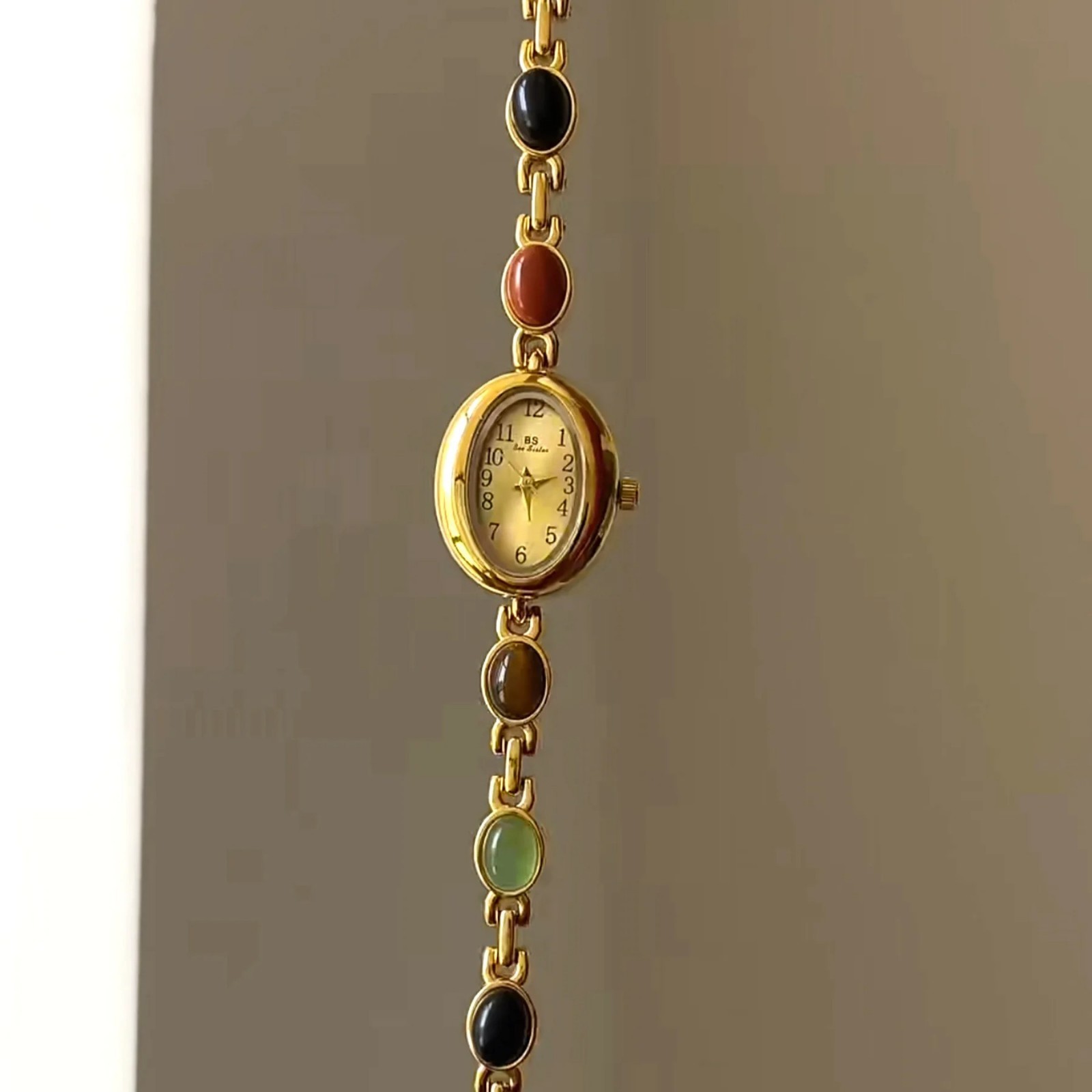 Women’s Gold Watch Vintage Brown Jade Bracelet Small Dial Quartz Daily Wear Part