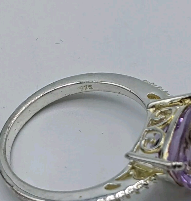 STS Rose De France Amethyst Trillion Cut & CZ Ring in Sterling Silver Size 8.25