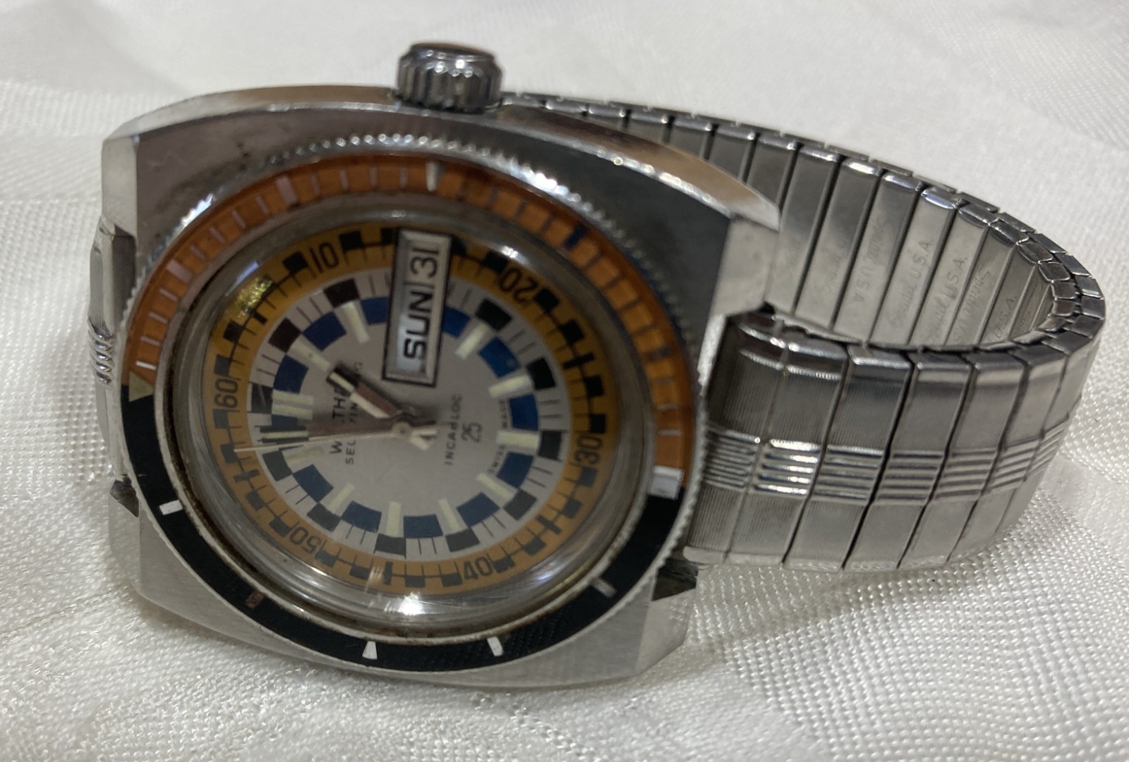 1970’s Waltham Incabloc 25 Jewel Day-Date Diver Watch Ref. B-383 $549-OBO