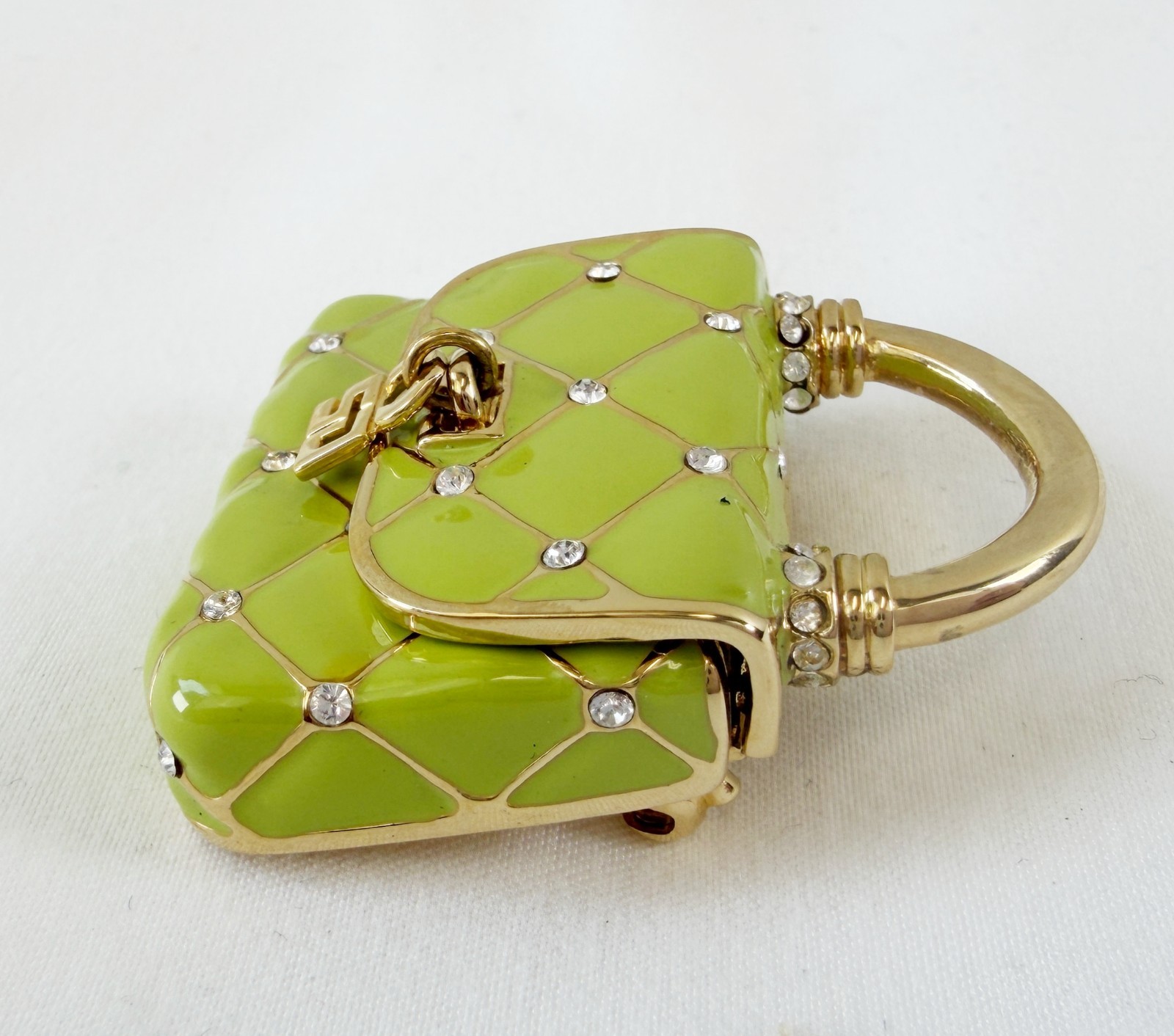 NEW ST. JOHN Handbag Mini Brooch Pin Green Enamel Crystals 24KGP Logo Enhancer