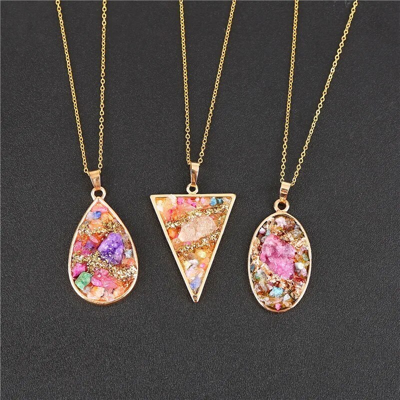 3Pcs Geometric Colorful Nature Stone Reiki Necklace Heart Crystal Pendant
