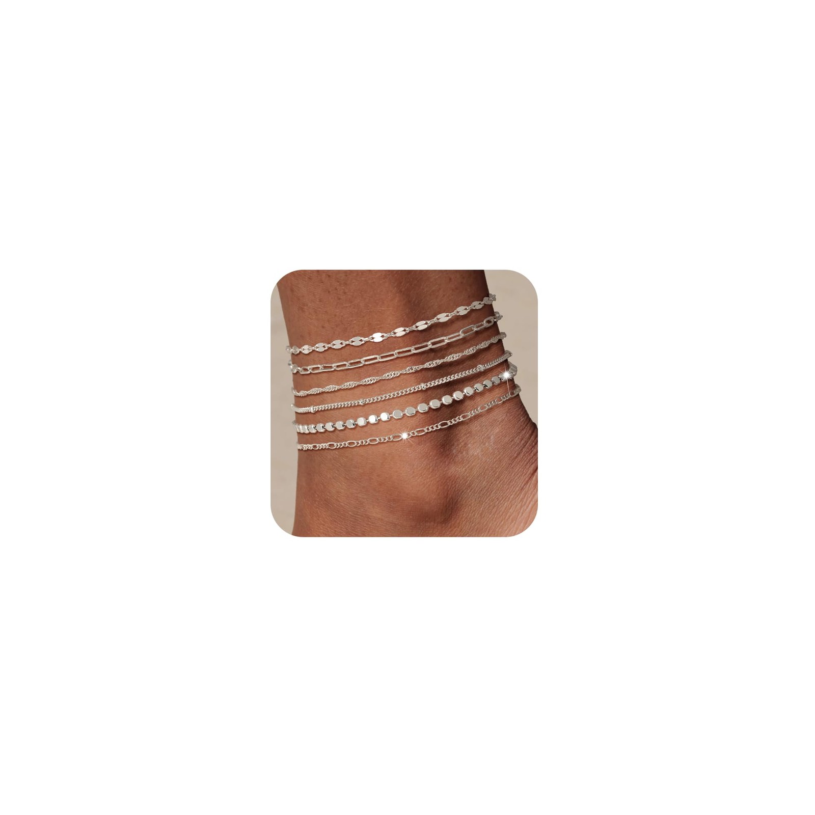 Tewiky Waterproof Ankle Bracelets for Women, 6pcs set-A, dainty anklets