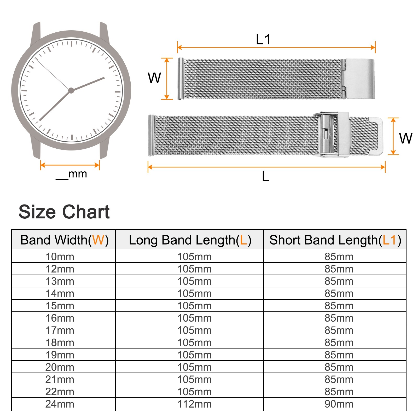 316L Stainless Steel Mesh Watch Band 19mm Adjust Strap Silver