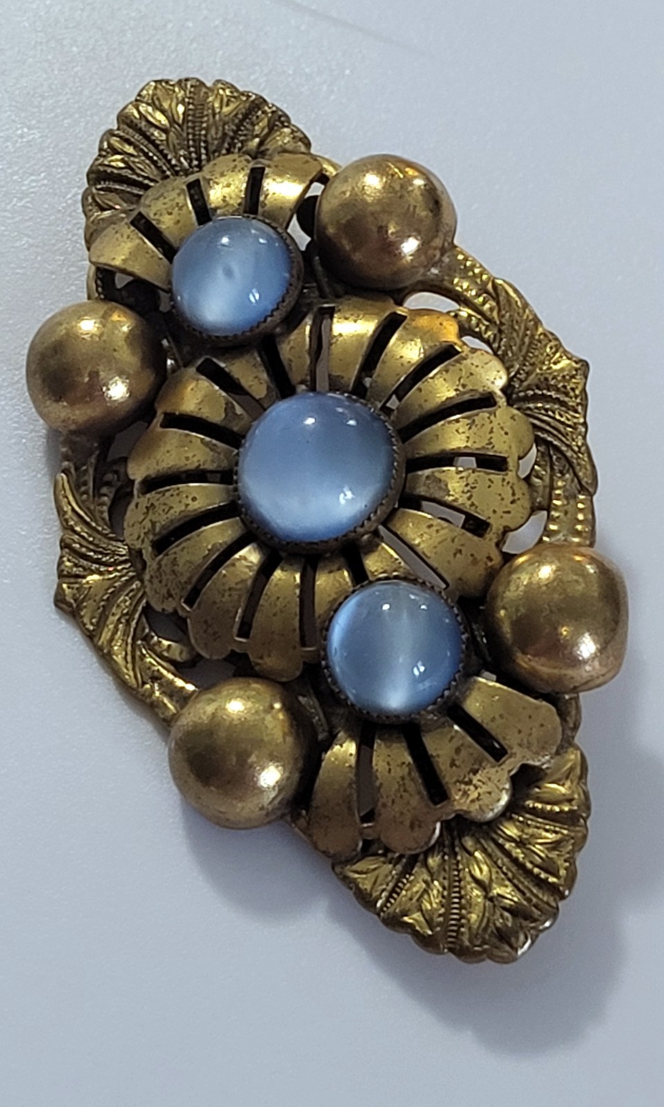 Antique Brooch Brass Three Blue Moonstone Layered 1920-1935 Art Deco