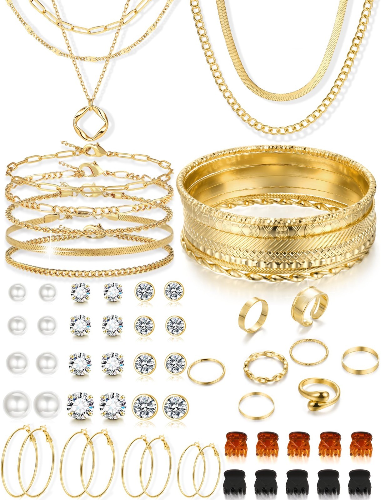 56 Pcs Gold Jewelry Set for Women – Layered Necklaces, Bracelets, Earrings & Rin