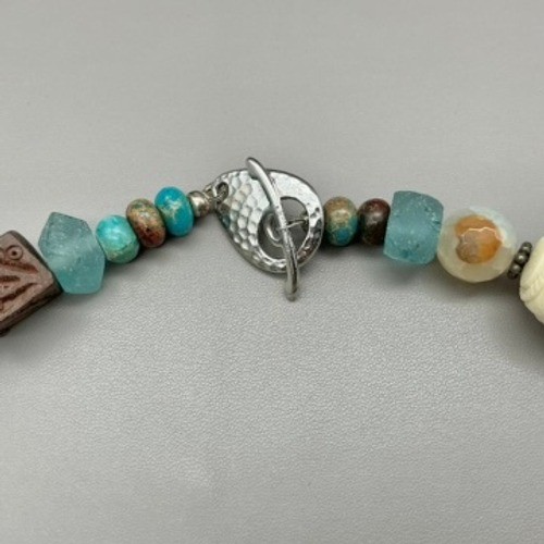 Mixed Bead Necklace Womens Teal Boho Artisan Lace Pendant Toggle Clasp 21 Inch