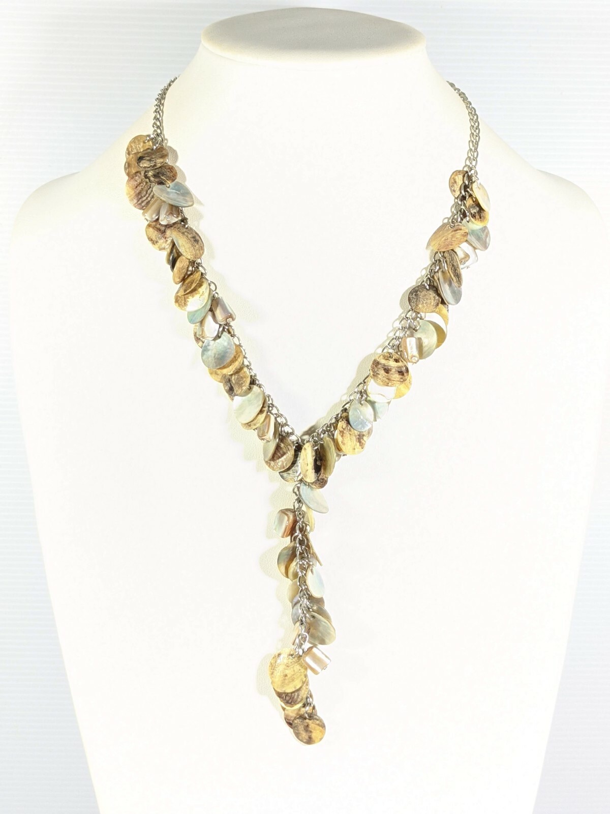 Silver Tone Brown Shell Round Disc Cluster Y Drop Necklace 22.5 Inches