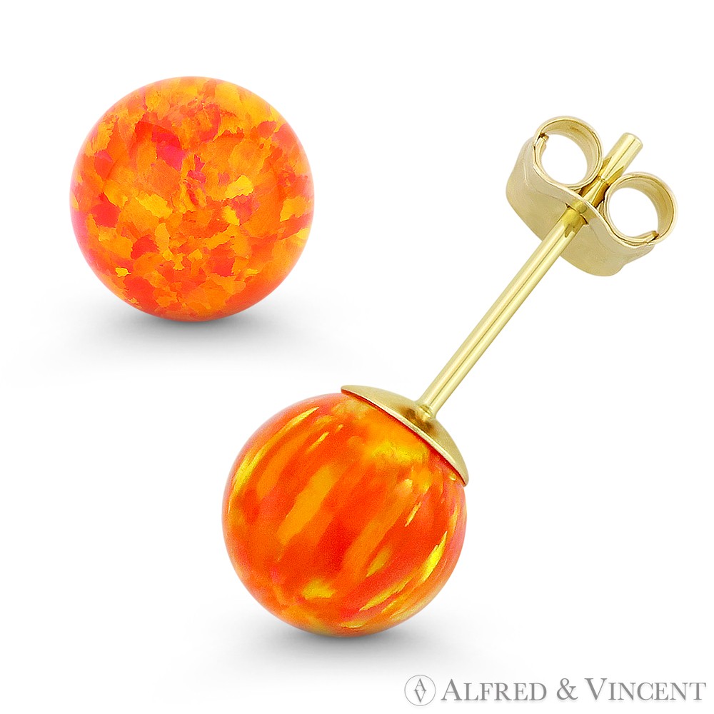 Fiery Orange & Red Synthetic Opal Ball Pushback Stud Earrings in 14k Yellow Gold
