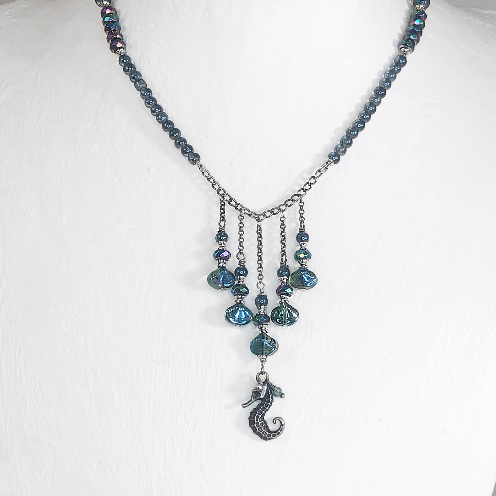 Seahorse Choker, Titanium Coated Quartz, Faceted Hematite, Glass Seashell Neckla