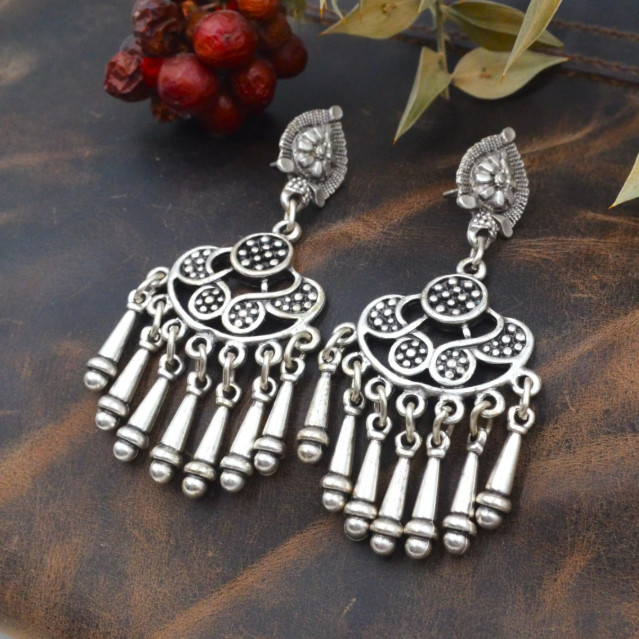 Boho Antique Silver Crescent Chandelier Fringe Dangle Ethnic Bohemian Earrings