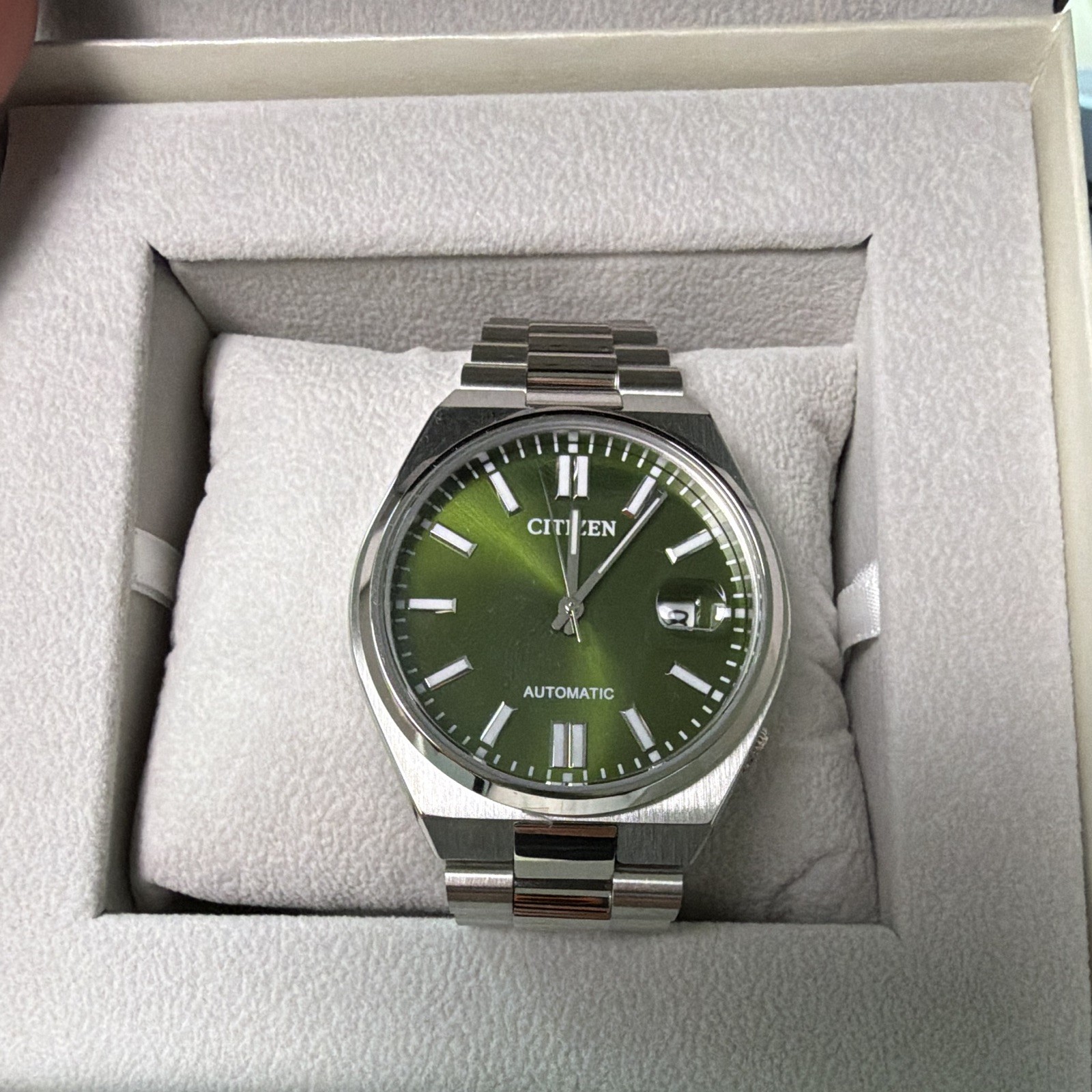 Citizen Tsuyosa Automatic Green Dial Date Exhibition Back Steel Bracelet w/ Box