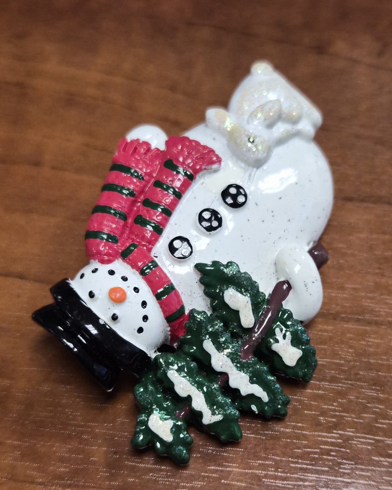 Estate Decorative Christmas Holiday Snowman Holding a Tree & Bunny Pin / Brooch
