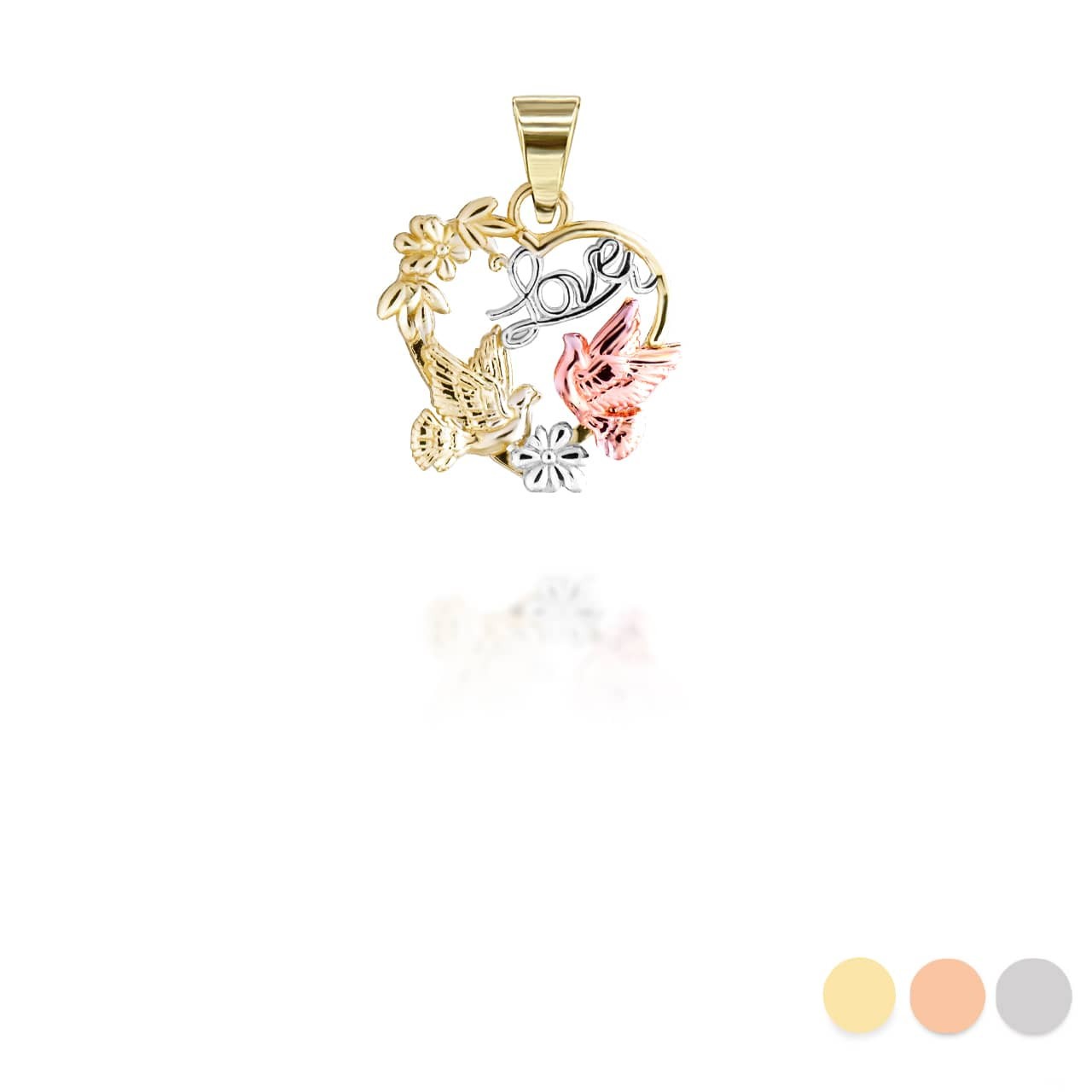 Two Tone Love Birds Heart Pendant Necklace (Available in Yellow/Rose/White Gold)