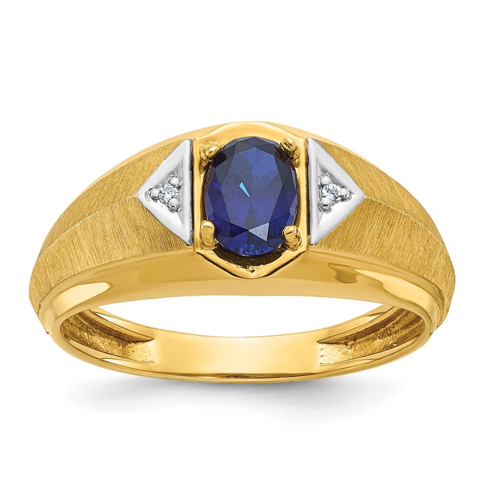 14k Yellow Gold Lab Created Sapphire and Diamond Satin Men’s Ring Size 10