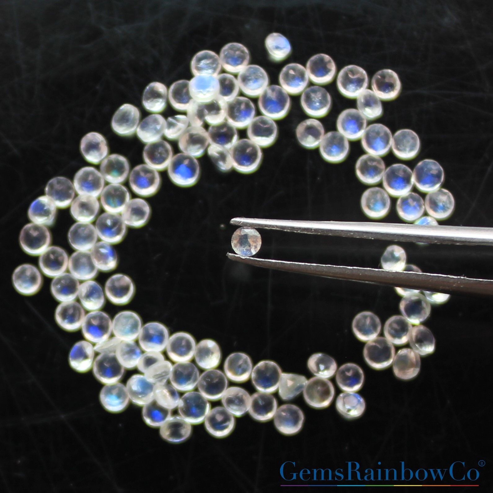 Natural Rainbow Moonstone Round Cut 1.5mm & 2mm Sparkling Blue Fire Gemstones