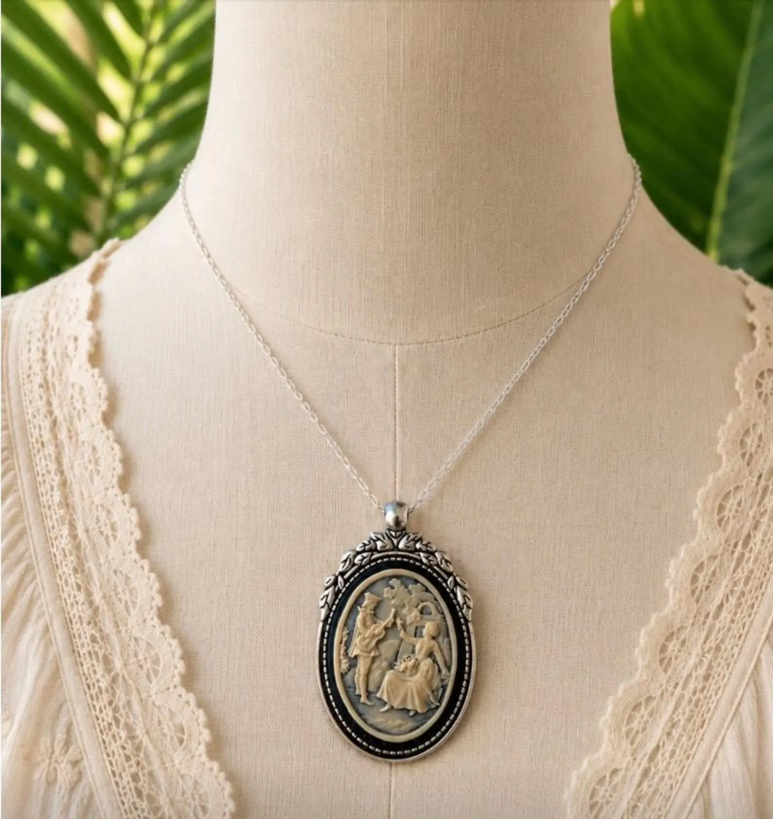 Victorian Courting Couple Cameo Necklace Black Ivory Silver Romantic Pendant