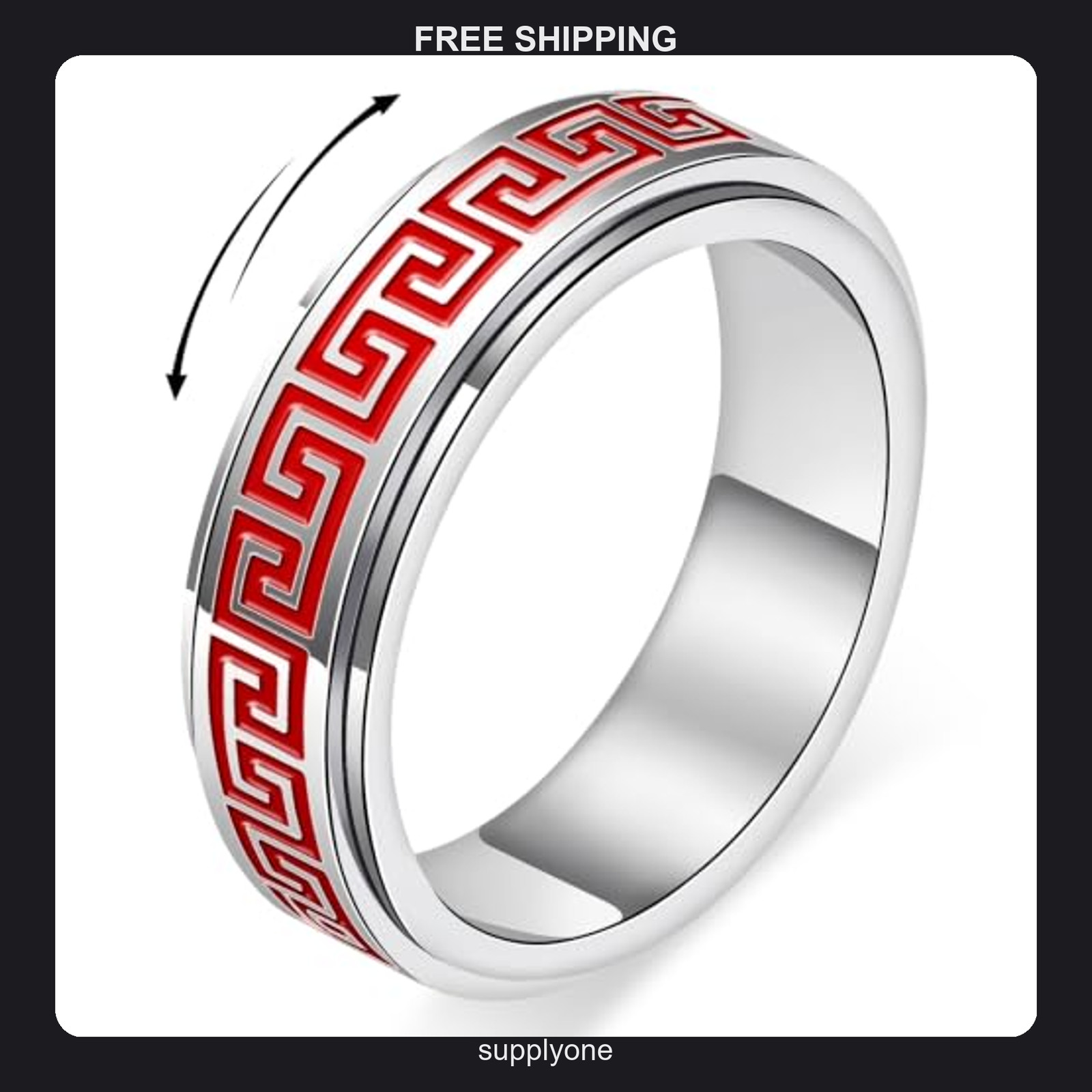Spinner Fidget Ring Size 8 Stainless Steel Red Greek Key Anxiety Relief