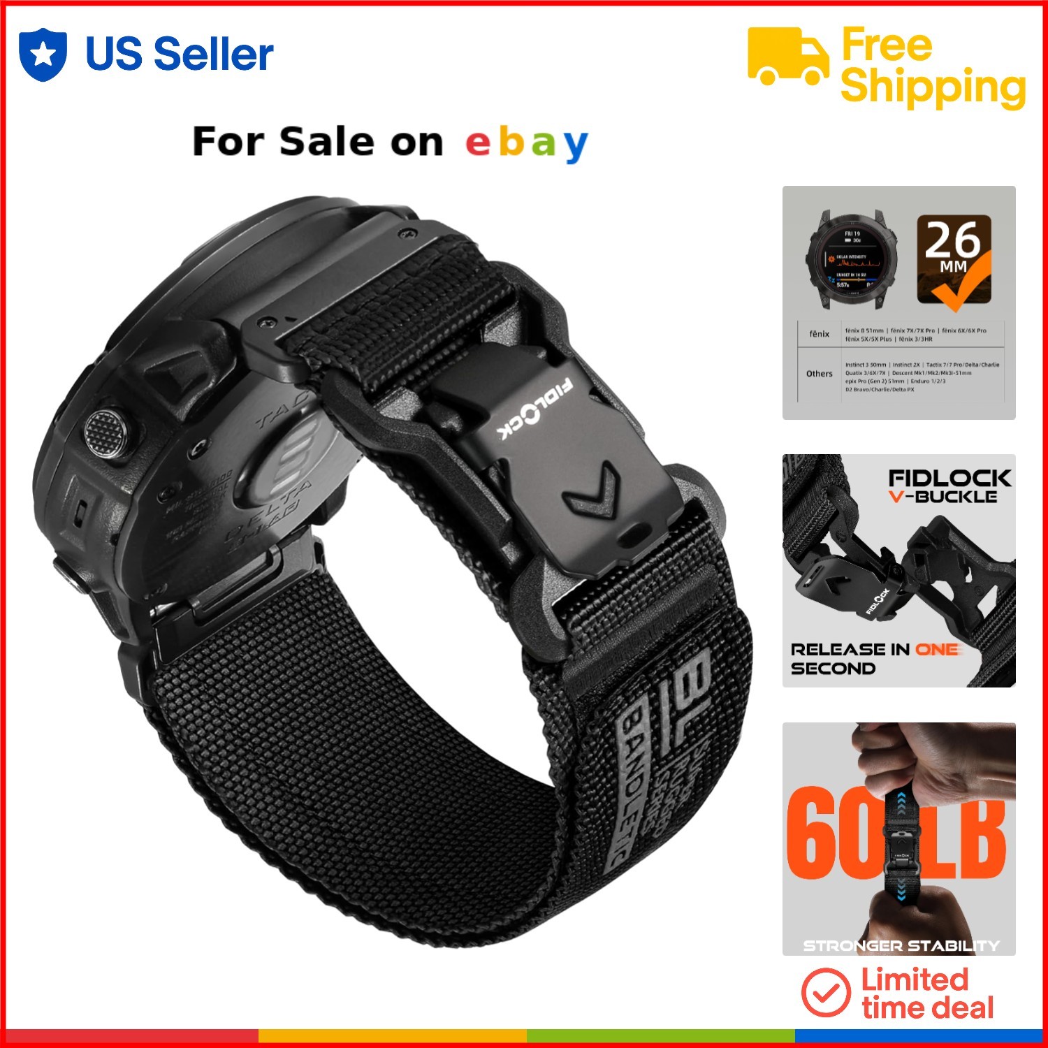 Nylon Watch Band for Garmin Fenix 5X 6X 7X 8 51mm Waterproof Military Strap