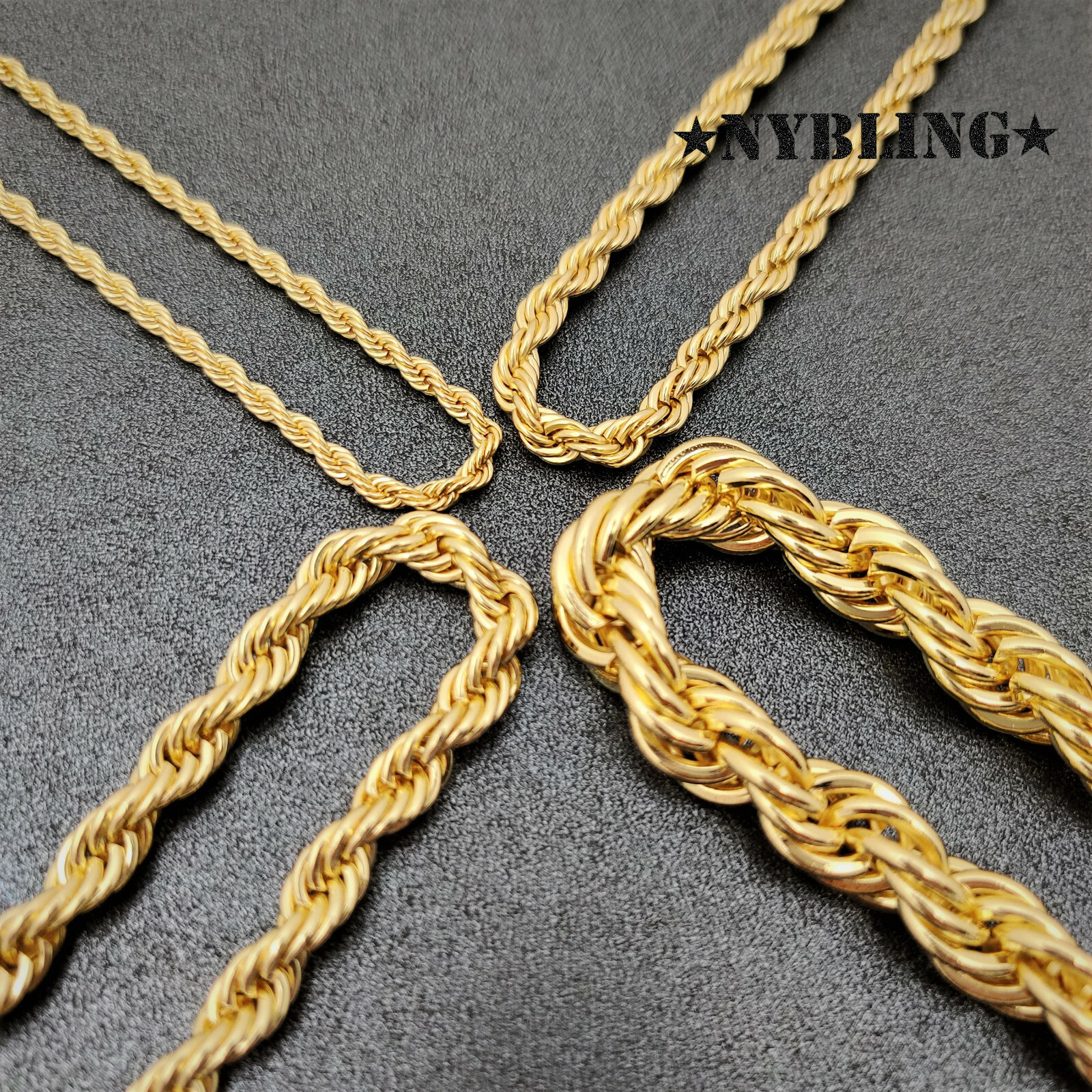 Rope Chain Necklace 3MM to 10MM, 16″ to 30″ Mens Hip Hop Gold Plated Jewelry