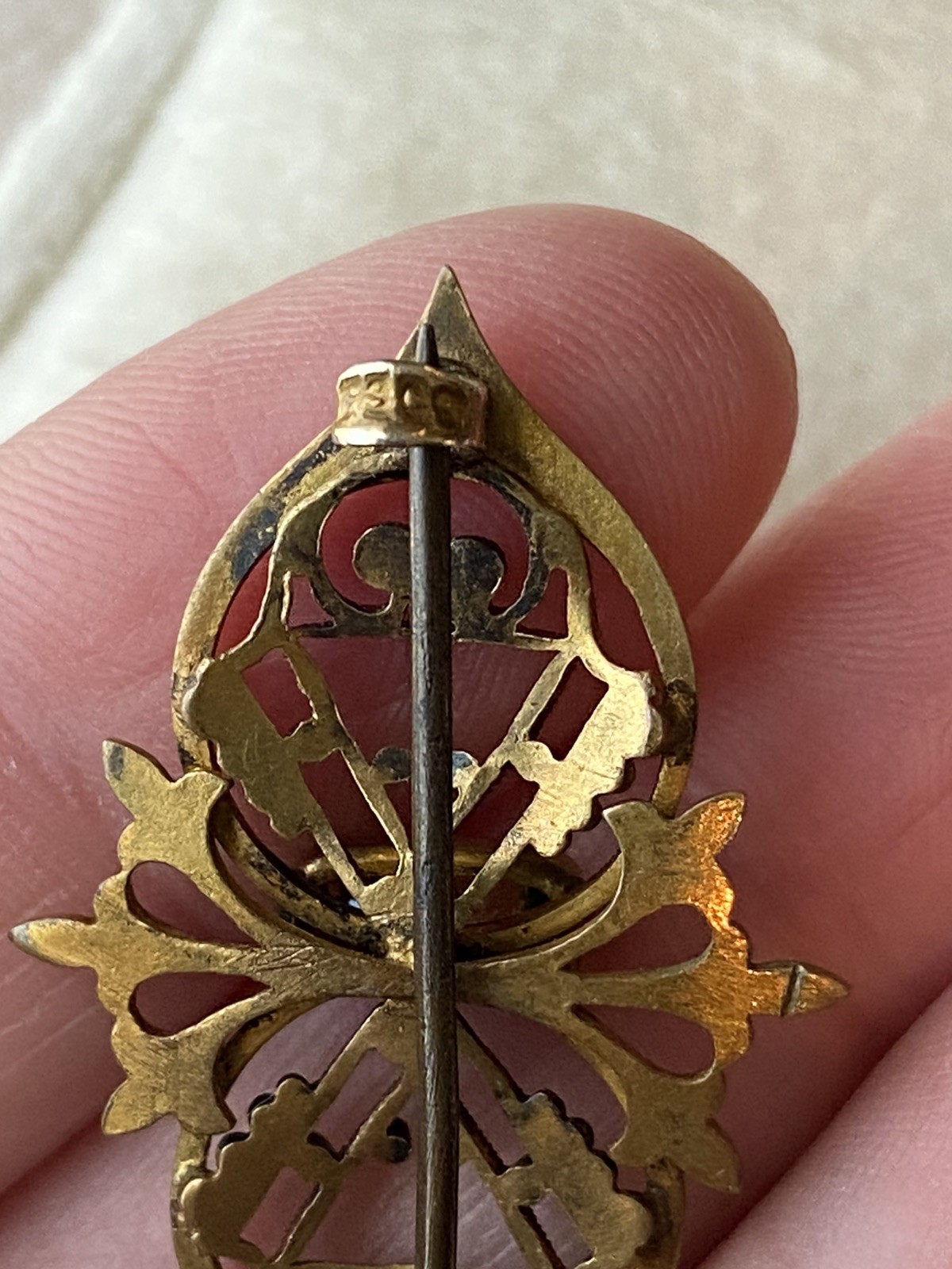 Antique Nouveau GF Rare Tri-colored Green Stone C-Clasp Brooch Pin Mourning
