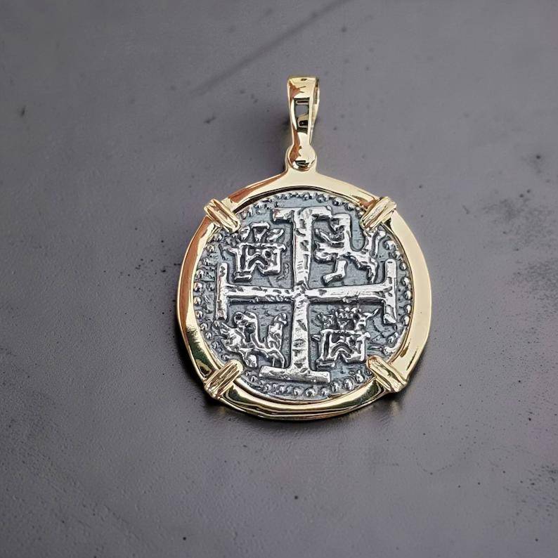 Atocha Shipwreck Silver Coin Pendant Solid 14k Gold Frame Museum Quality