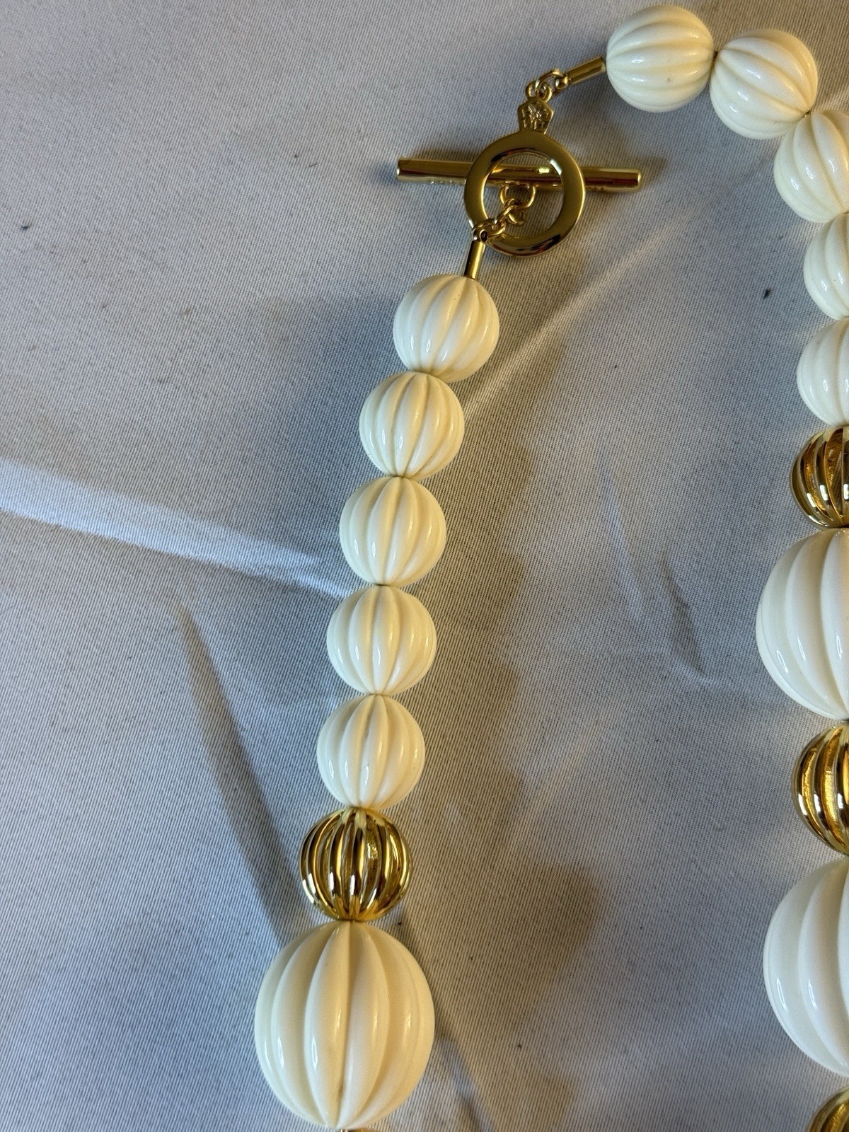 White & Gold Beaded Statement Necklace Toggle Closure