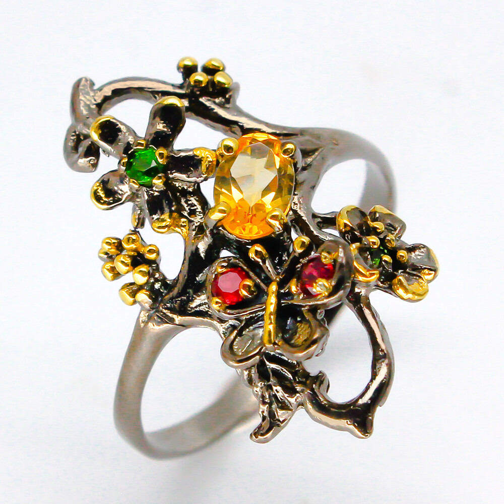 Handmade Jewelry Natural Citrine Chrome diopside 925 Sterling Silver Ring/RVS93