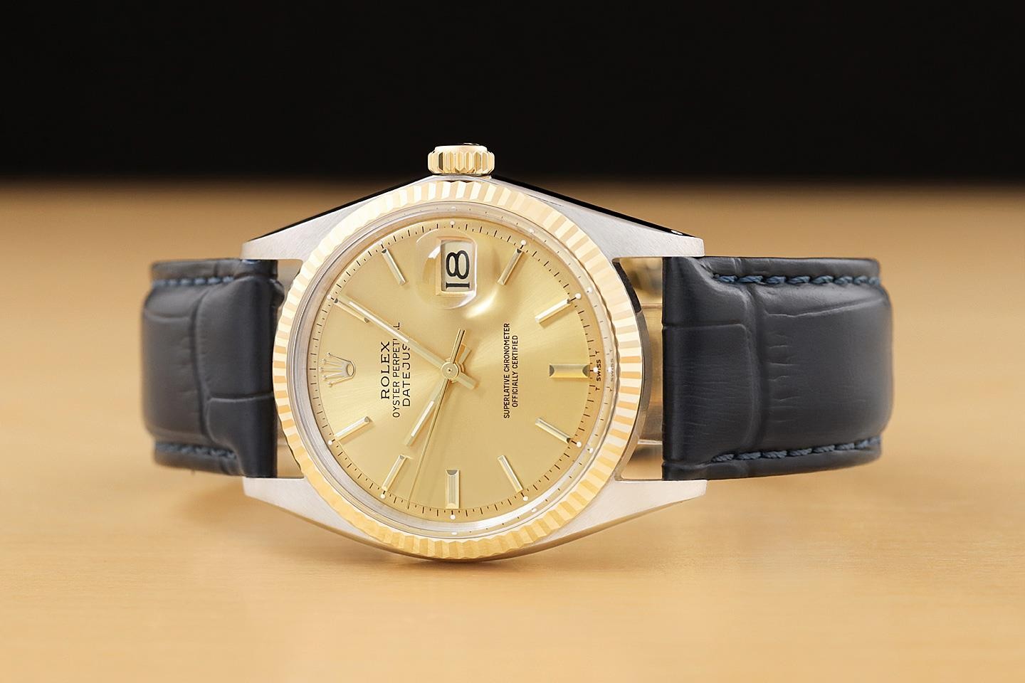 ROLEX DATEJUST 1601 14K YELLOW GOLD STEEL CHAMPAGNE DIAL BLUE LEATHER BAND WATCH
