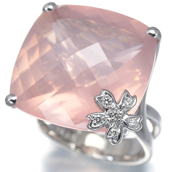 Auth TASAKI Ring Rose Quartz 25.39ct Diamond 0.05ct Flower US6-6.25 18K WG