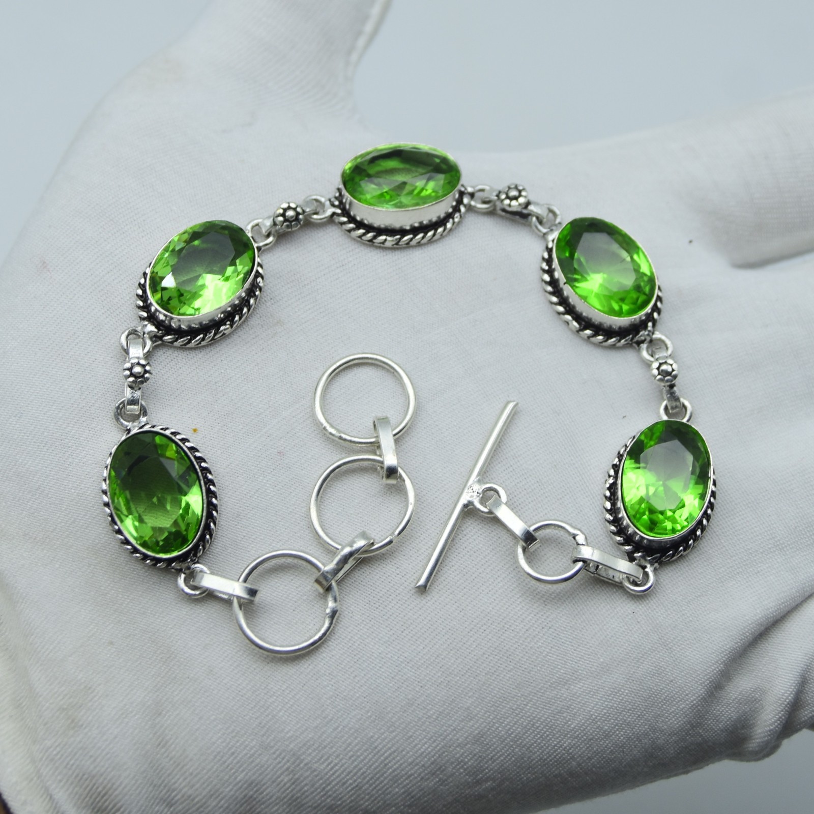 Green Peridot Gemstone Chain Bracelet 925 Sterling Silver Jewelry ADJ 8″