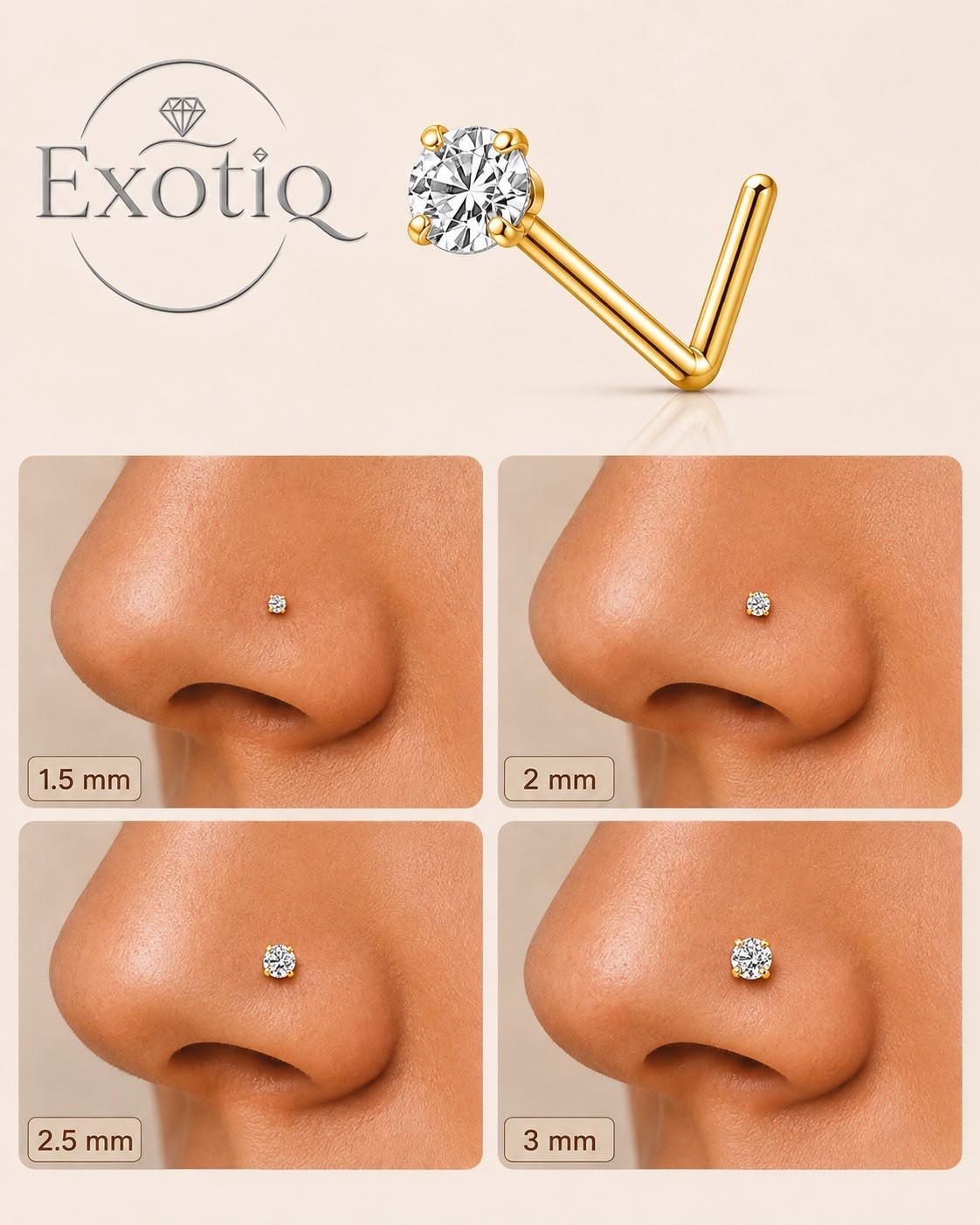 Moissanite Stone Titanium Nose Stud Piercing 18 Gauge L Shape Bol Gold pvd