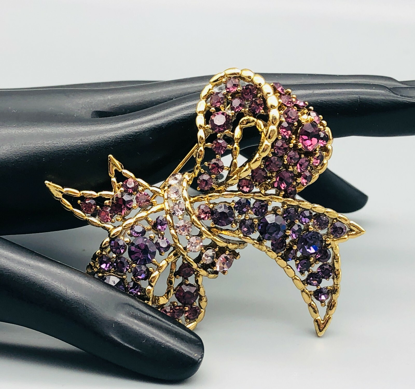 Vintage GoldTone Figural Bow Brooch Pin Three Shaded Amethyst Purple Rhinestones