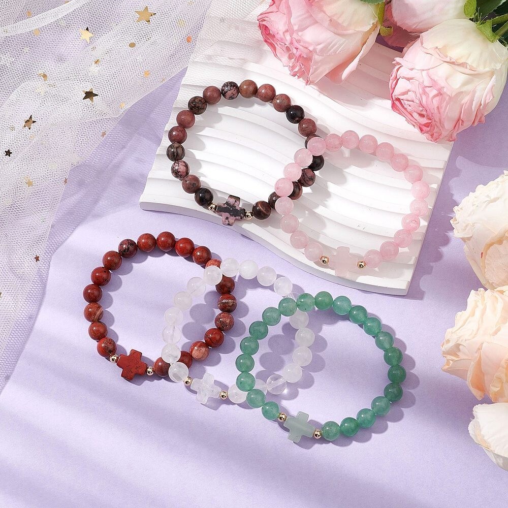 8mm Stretchy Stone Bracelets Assorted Cross Gemstone Beads Healing Reiki T61