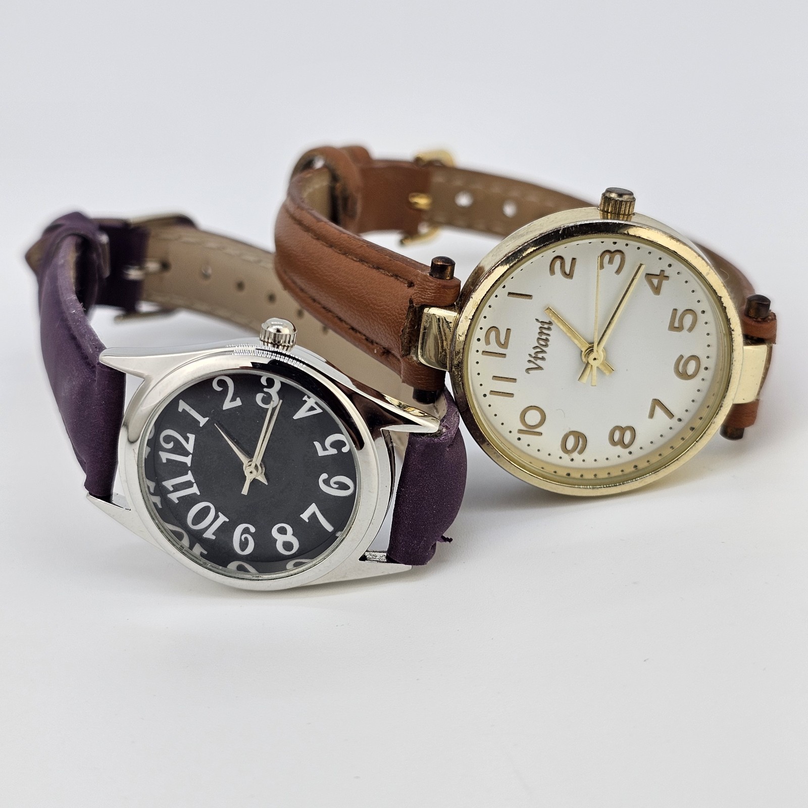 2X Women’s Watches Black Cream Dial Purple Brown Faux Leather Bands New Battery