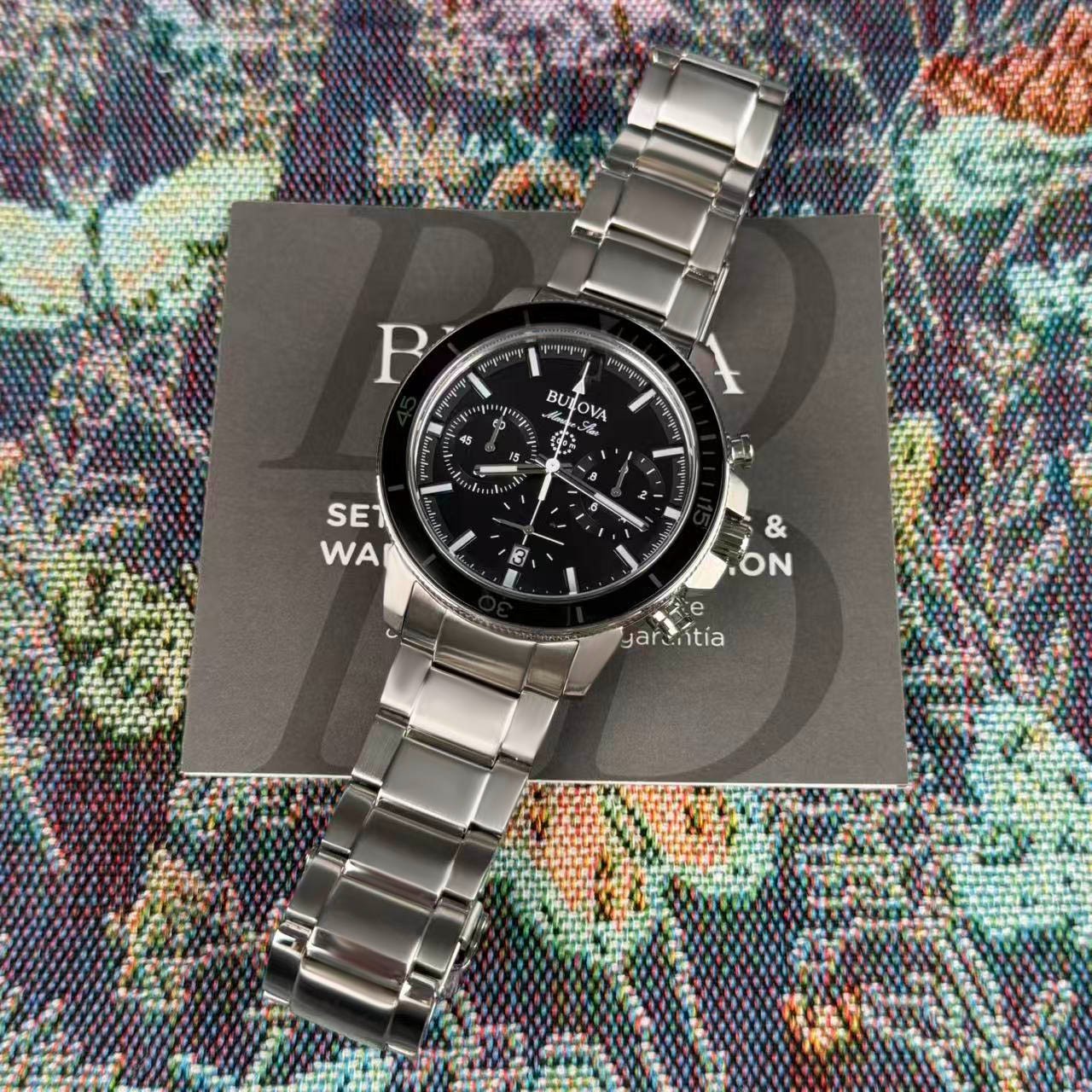 New Bulova Marine Star 96B272 Black Dial Men’s Chronograph Quartz Watch 45mm