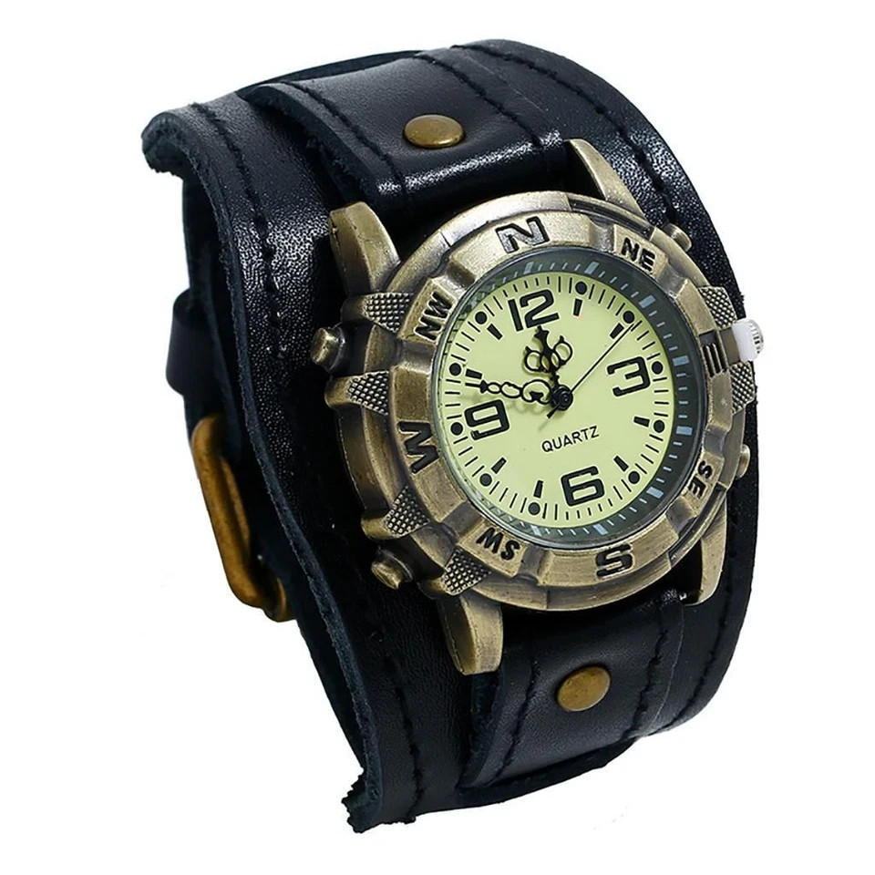 Vintage Retro Leather Cuff Bracelet Wide Band Steampunk Mens Quartz Wrist Watch⌚