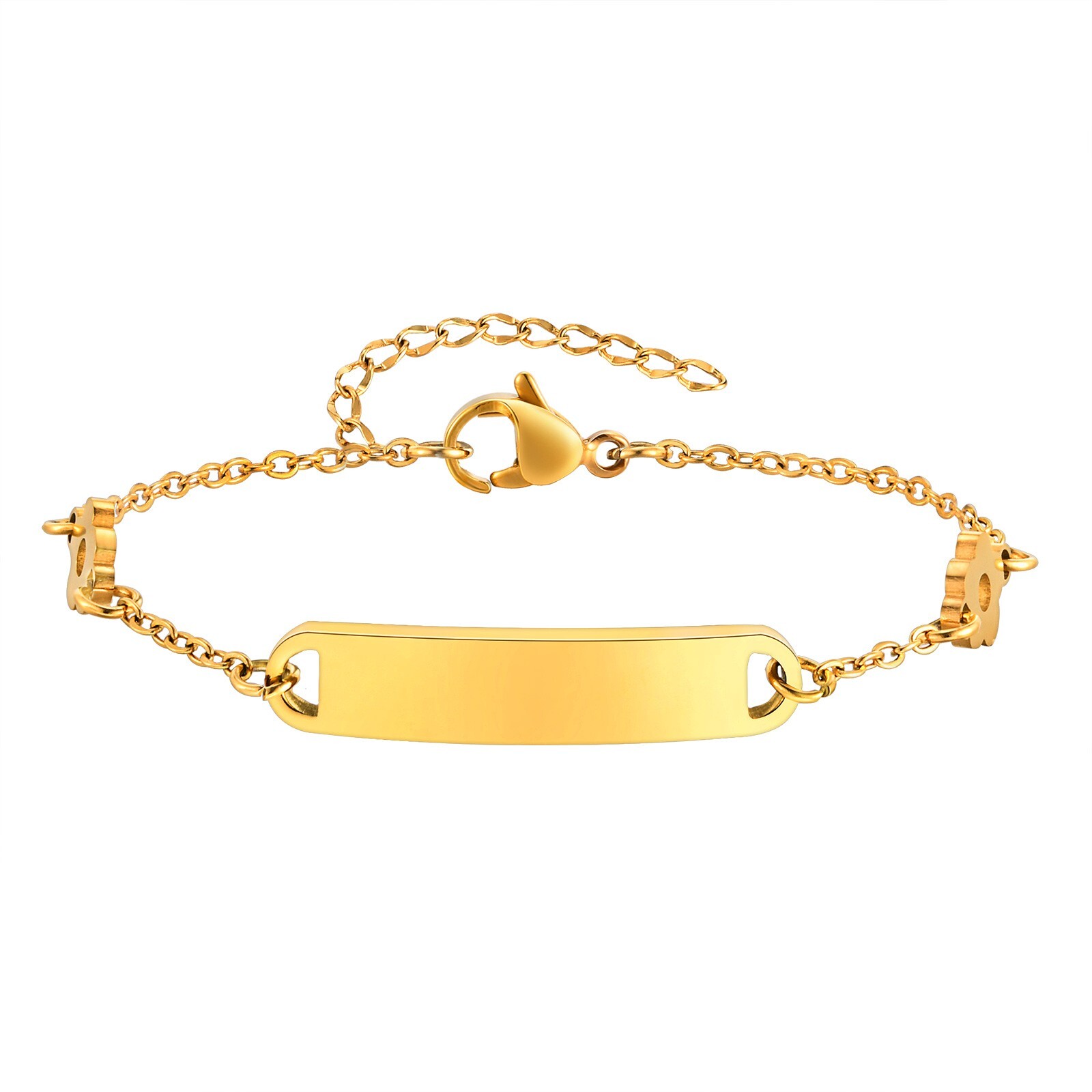 Fashion Stainless Steel Flat Cross Chain Flower ID Bracelet Female Golden 8.26in