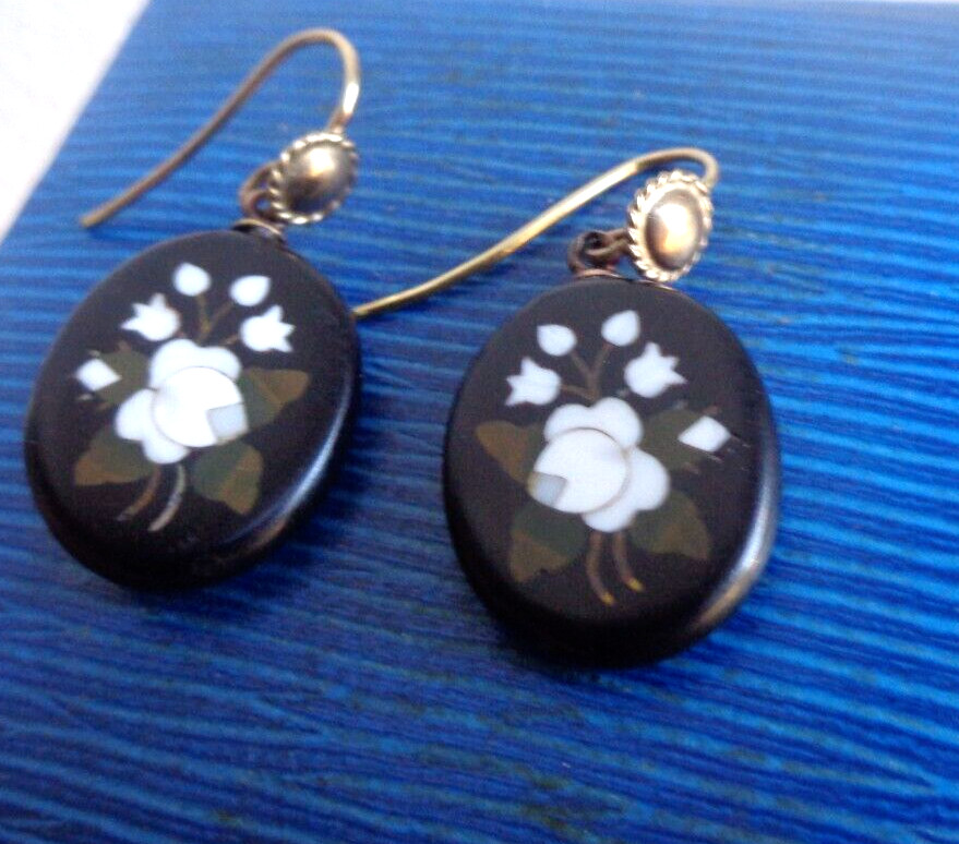 Pietra Dura Mosaic Booch Earrings Set Victorian Antique 15ct Gold Floral c1880s