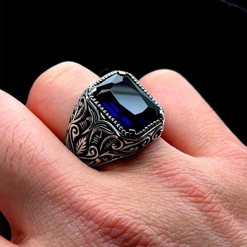 925 Men Silver Handmade Engraved Blue Stone Ring