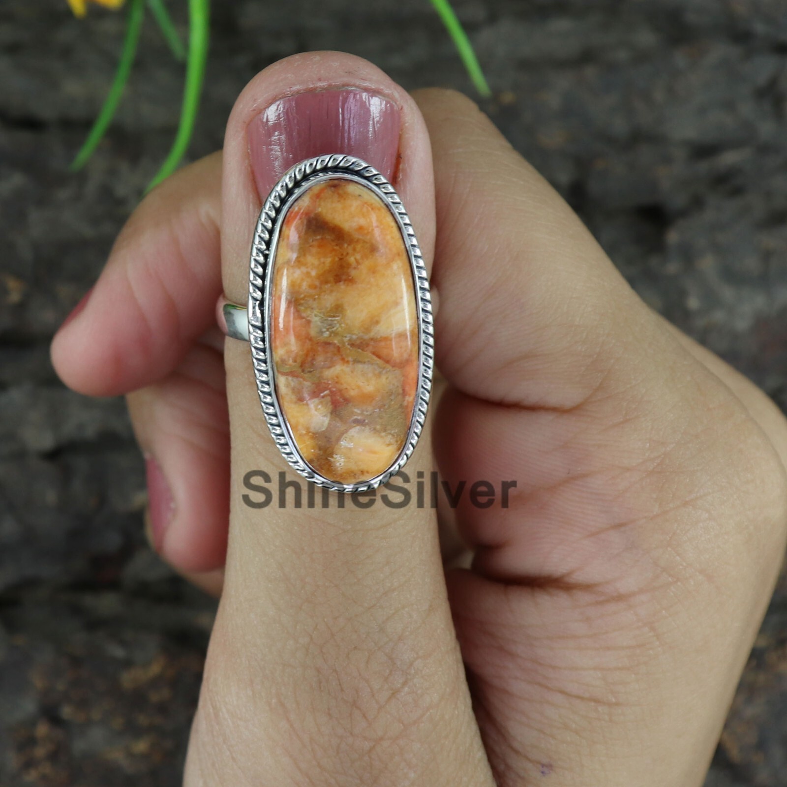 Orange Copper Turquoise Solid 925 Sterling Silver women For Ring Size 7 US JN39