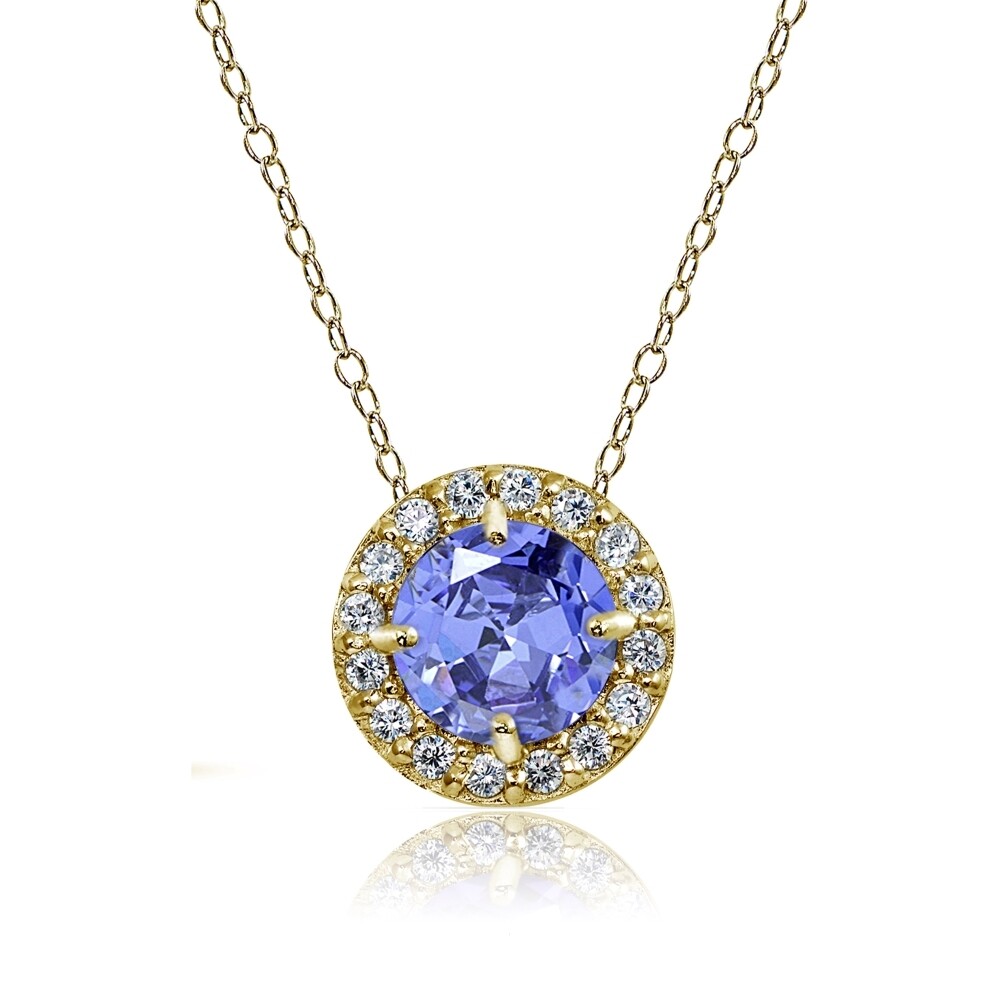 Yellow Gold Flashed Sterling Silver Tanzanite & White Topaz Round Halo Necklace